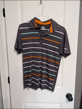 Slazenger Gray Golf Polo with Orange & Teal Stripes